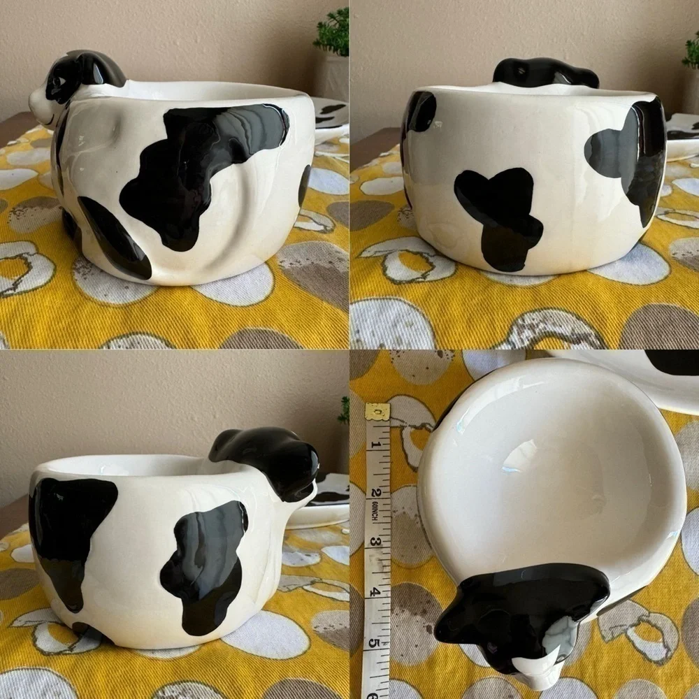 Vintage 1993 black and white cow appetizer and dip tray and cup